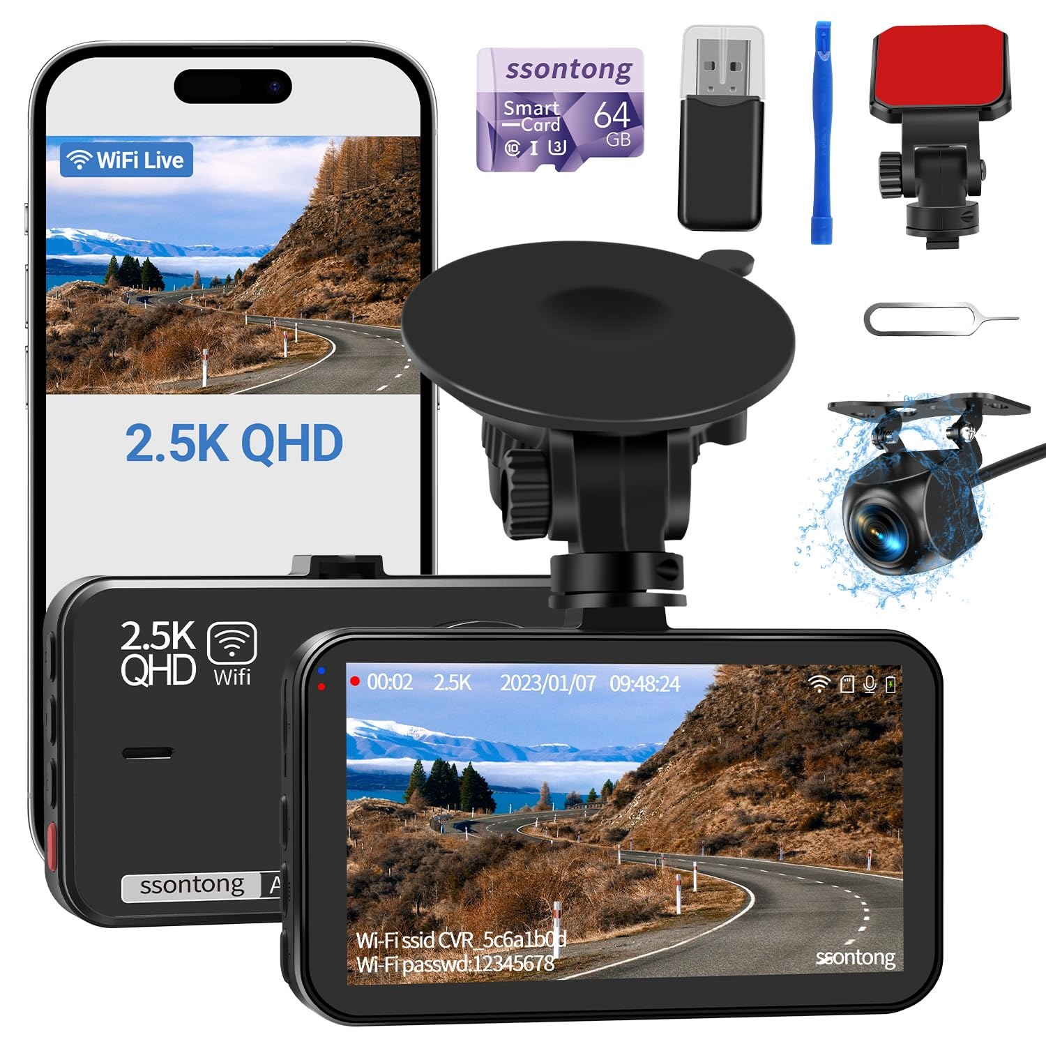 2.5K QHD Dash Cam Front and Rear with 64GB Card