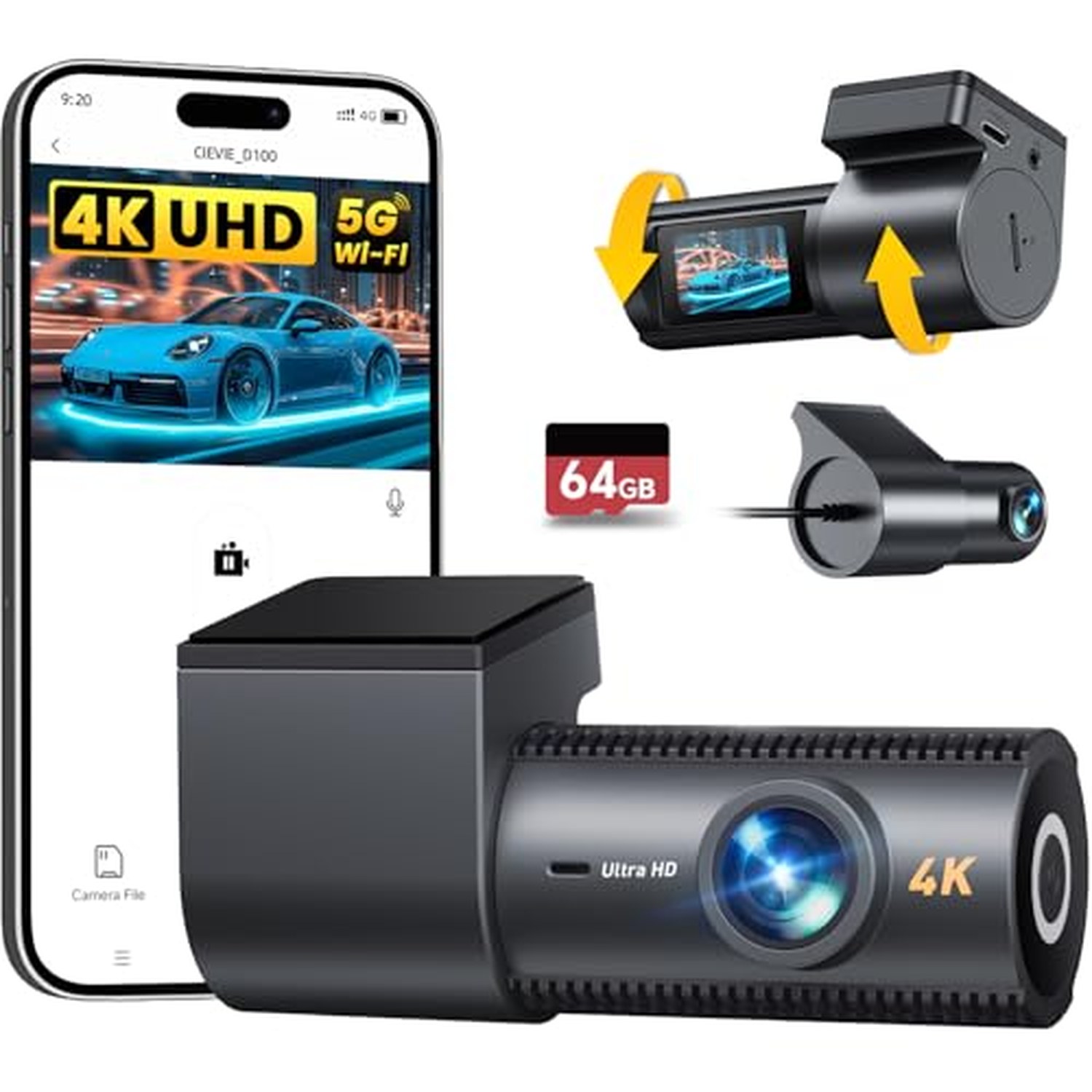4K Dash Cam Front and Rear with 64GB Card, 1.5-Inch Display — image 2