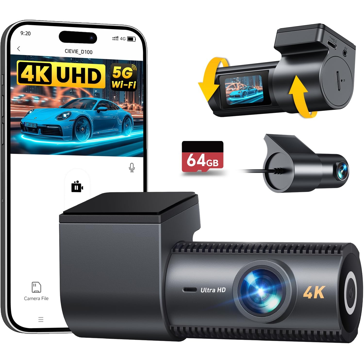 4K Dash Cam Front and Rear with 64GB Card, 1.5-Inch Display