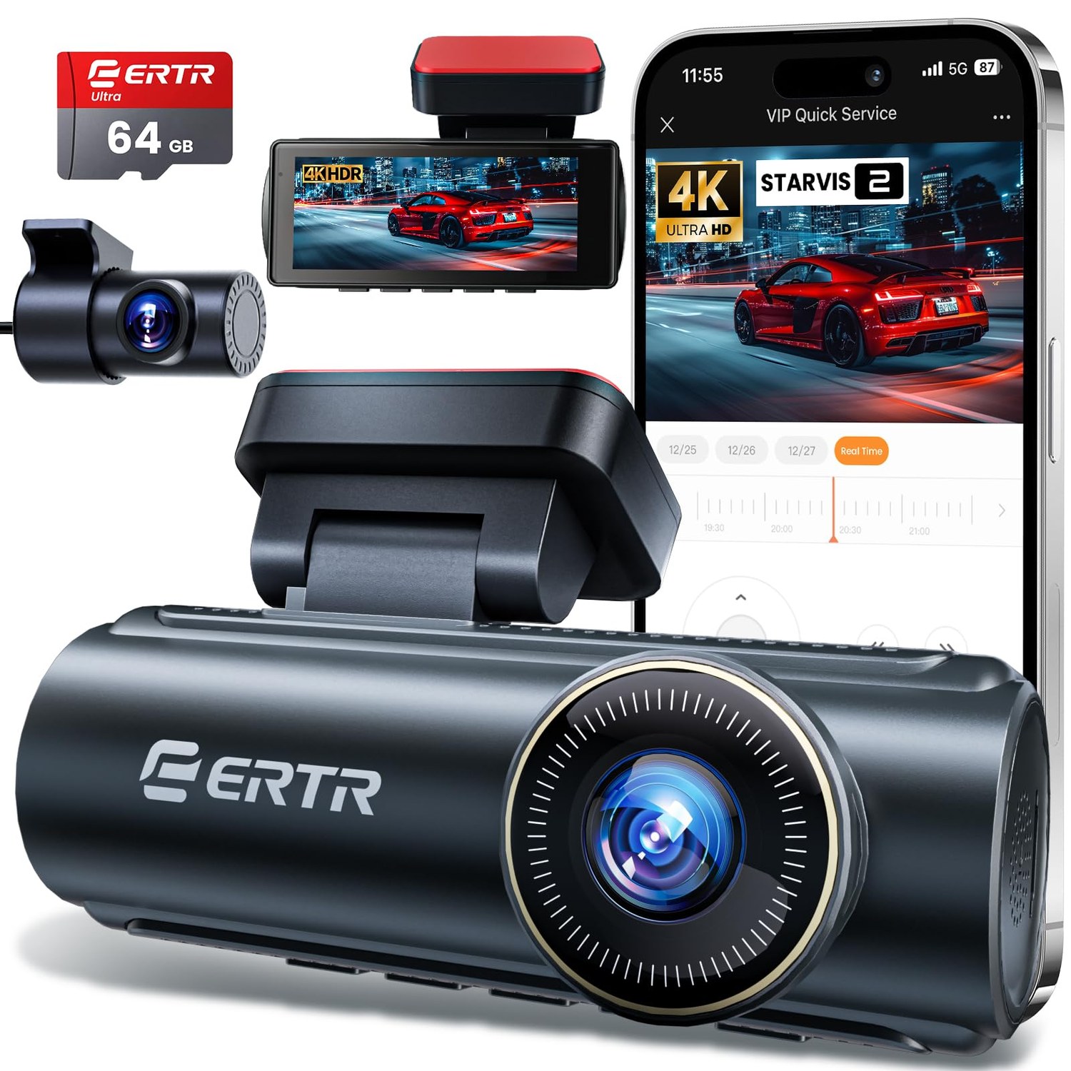 4K Dash Cam Front and Rear, 5GHz WiFi, Easy Setup