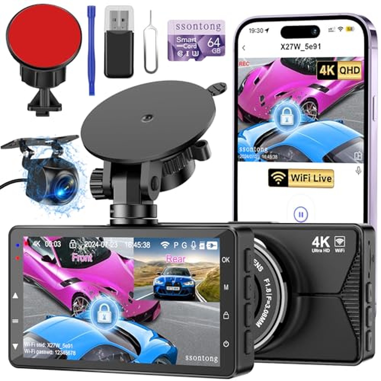4K Front Dash Cam with 1080P Rear, 64GB Card, USB Powered — image 2