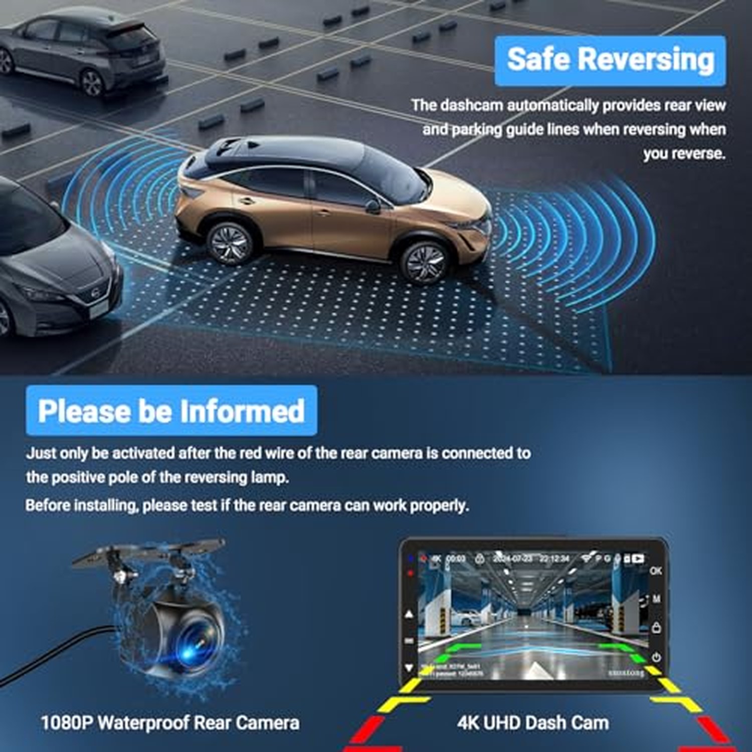 4K Front Dash Cam with 1080P Rear, 64GB Card, USB Powered — image 4