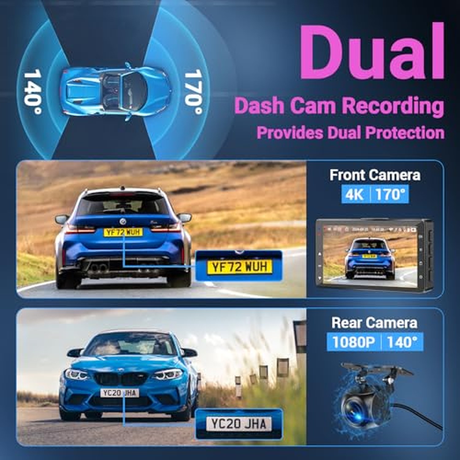 4K Front Dash Cam with 1080P Rear, 64GB Card, USB Powered — image 7