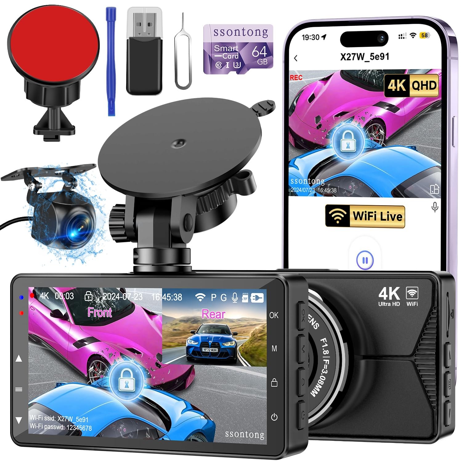 4K Front Dash Cam with 1080P Rear, 64GB Card, USB Powered
