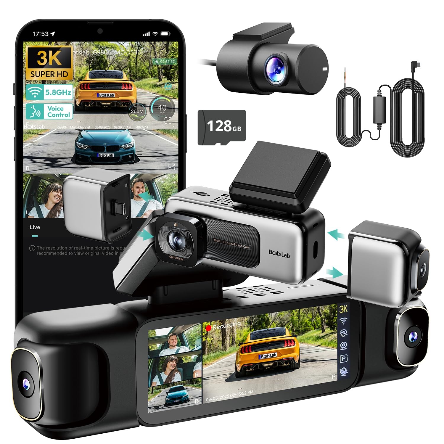 BOTSLAB 3K 4-Channel Dash Cam, 560° Wide Angle Coverage