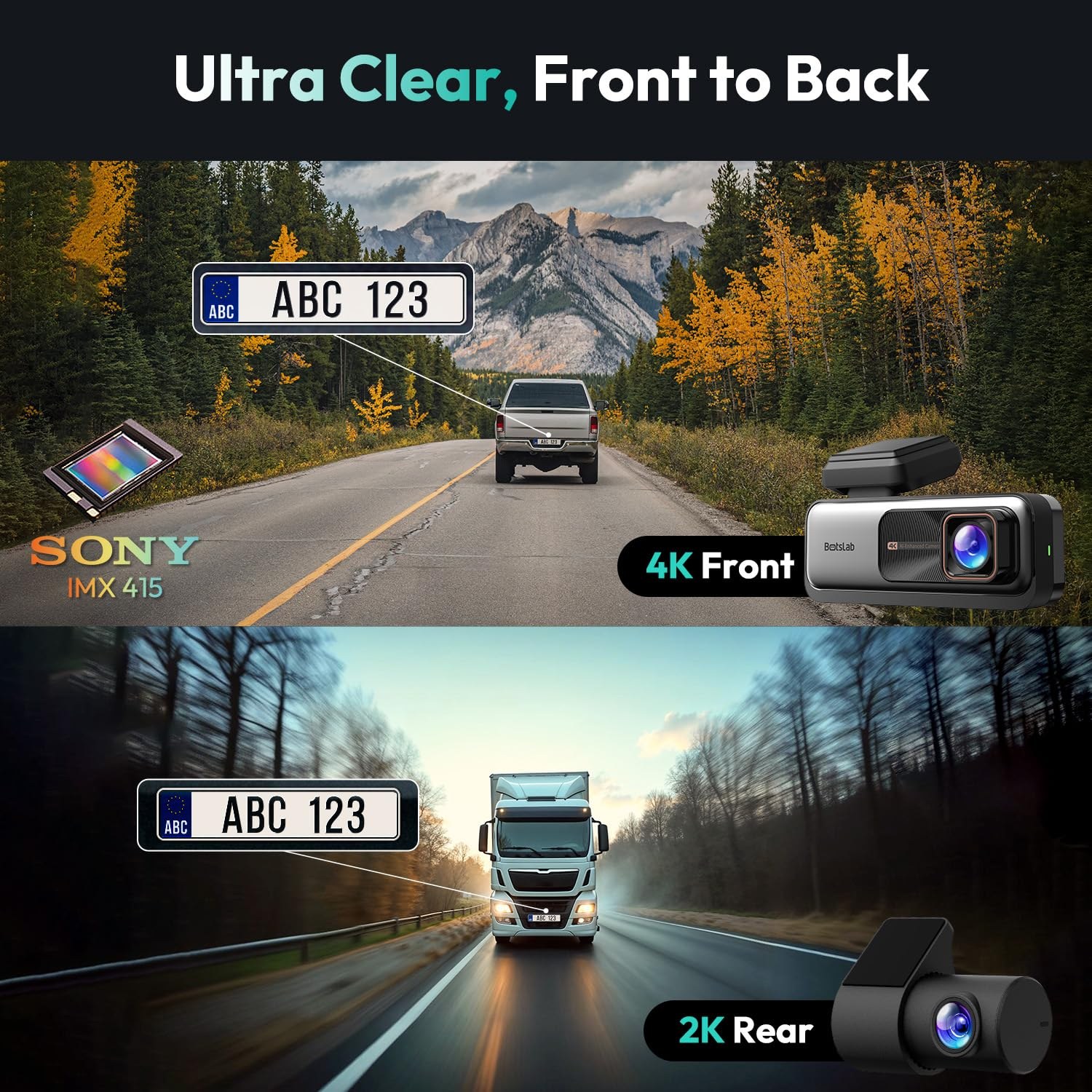 BOTSLAB 4K Dash Cam Front and Rear, 360° Rotatable Rear Camera — image 2