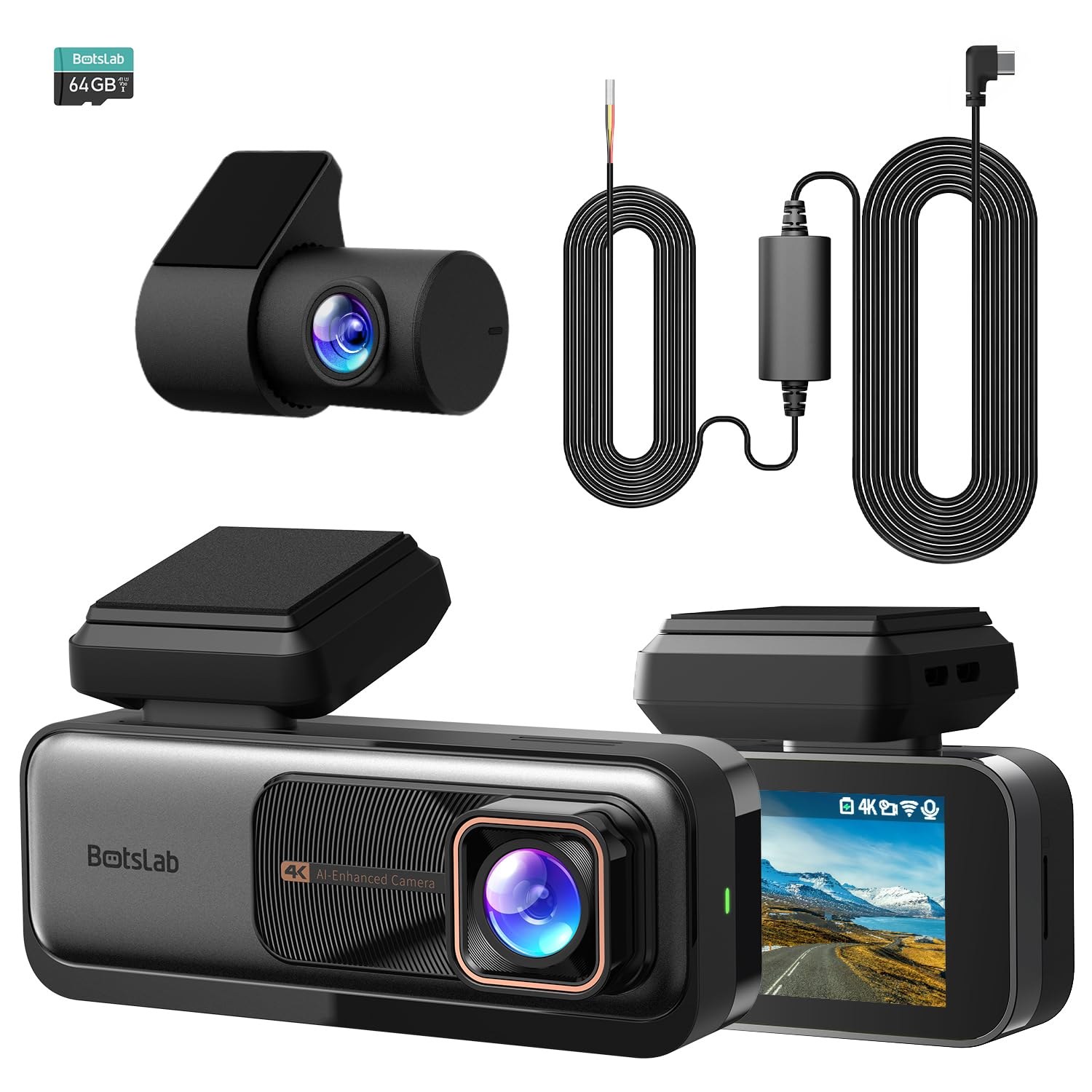 BOTSLAB 4K Dash Cam Front and Rear, 360° Rotatable Rear Camera