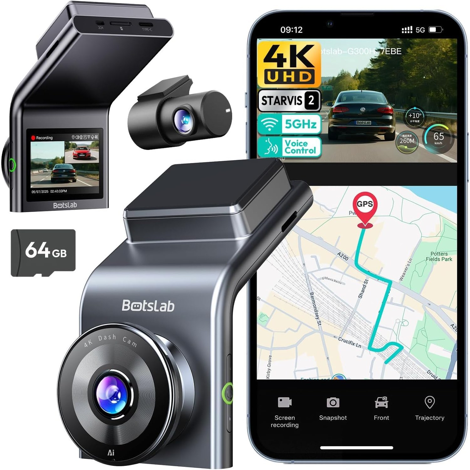BOTSLAB 4K Dual Dash Cam Front and Rear, STARVIS 2 Sensor