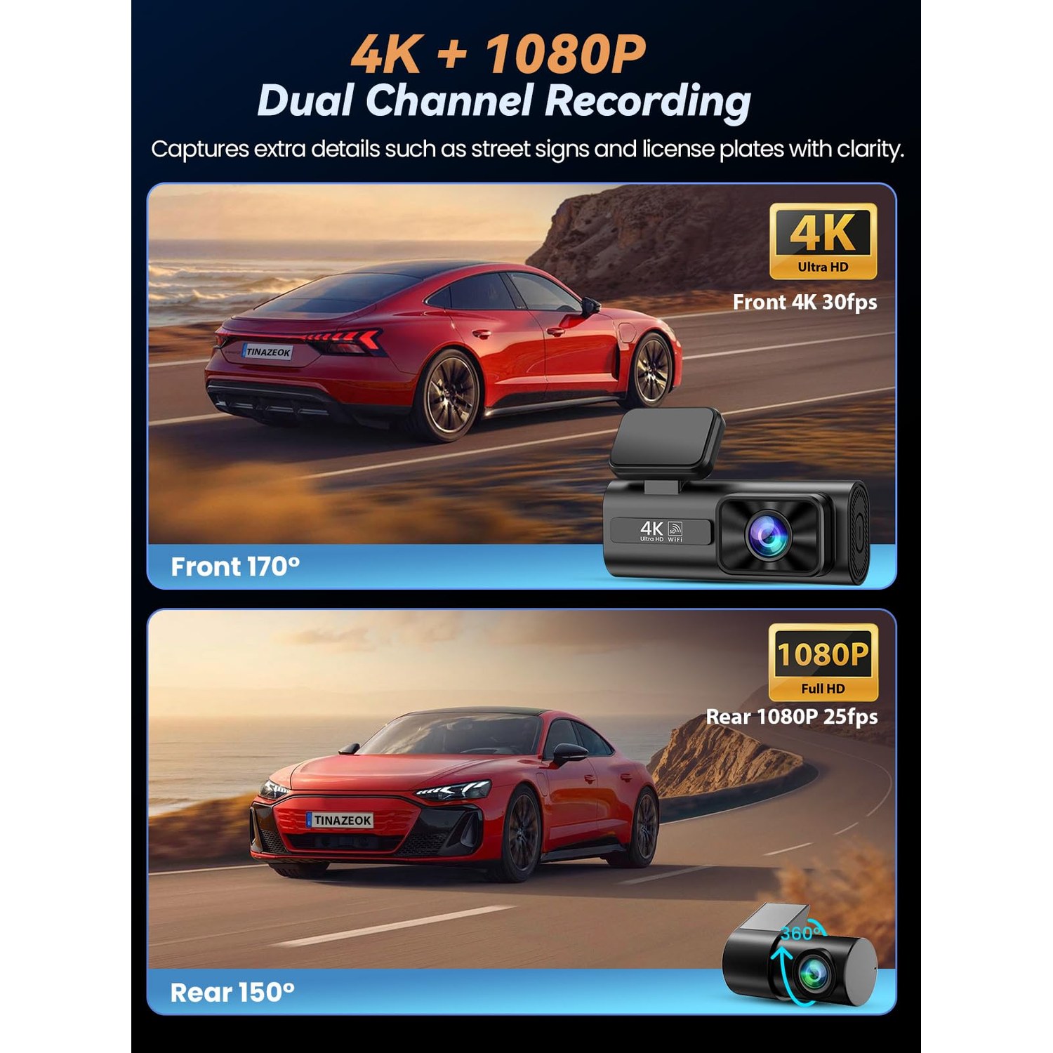 TINAZEOK C3 4K+1080P Dual Dash Cam Front and Rear — image 2