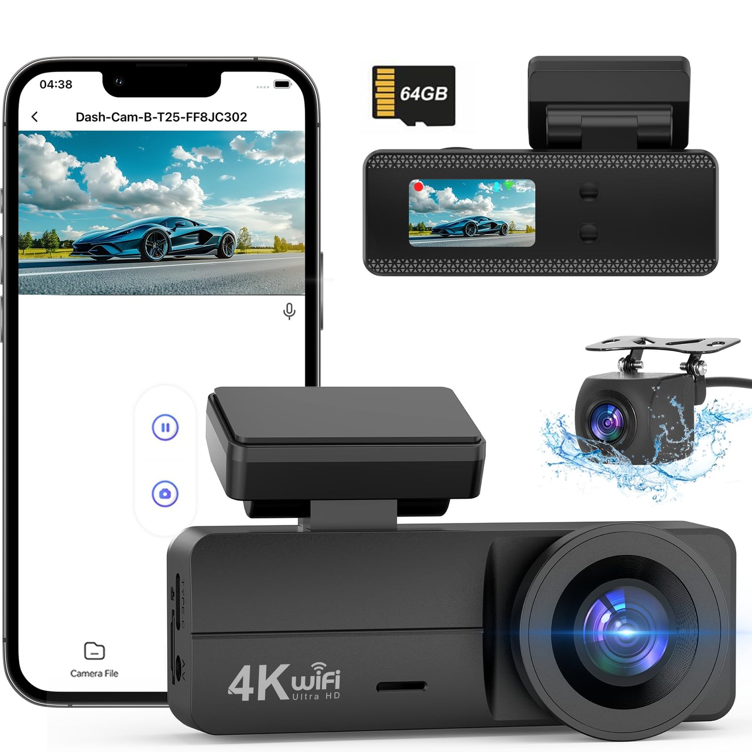 DYNACAM 4K+1080P Dash Cam Front and Rear, 64GB Card Included