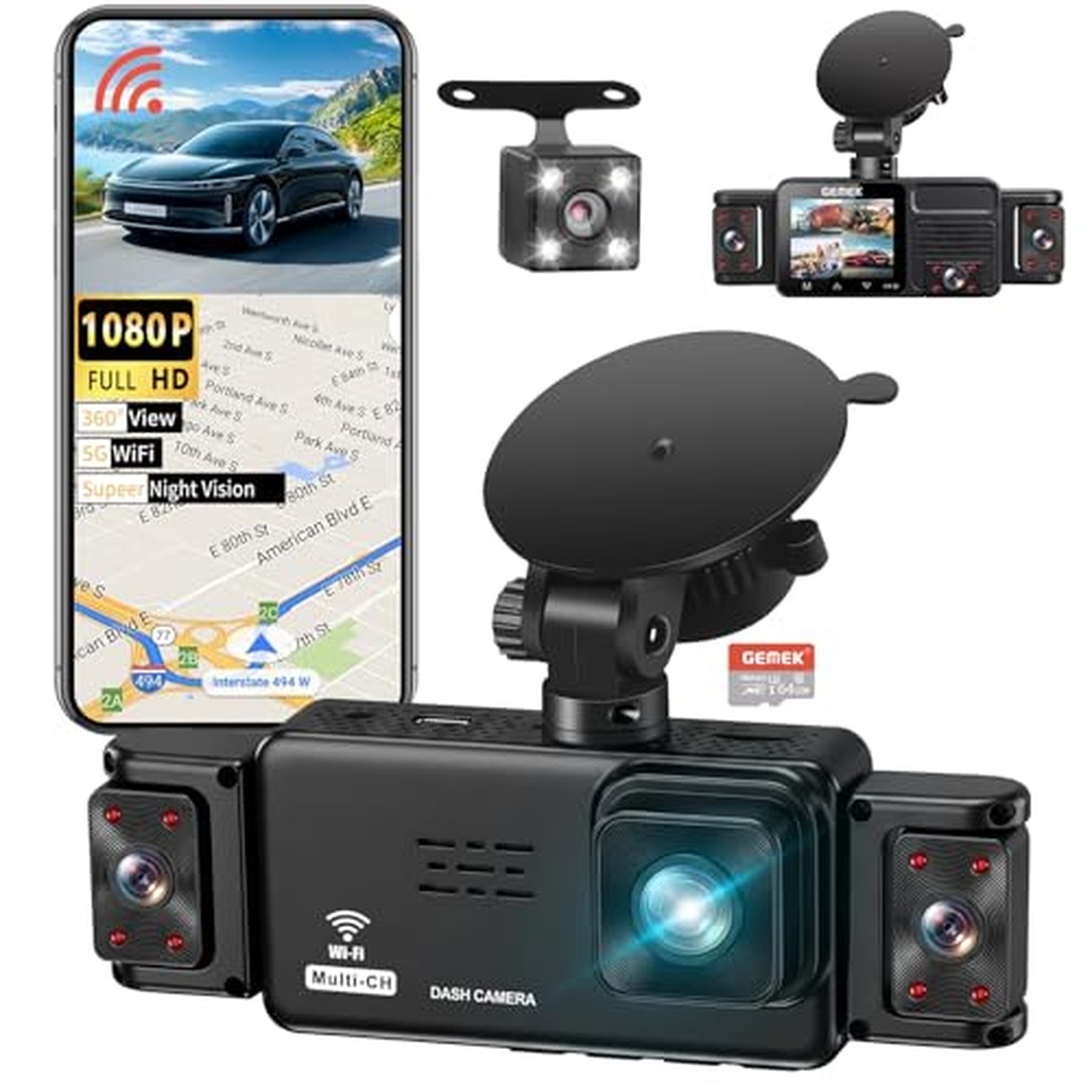 GEMEK 5-Channel Dash Cam, 360° View Front, Rear, Inside, Left and Right — image 2