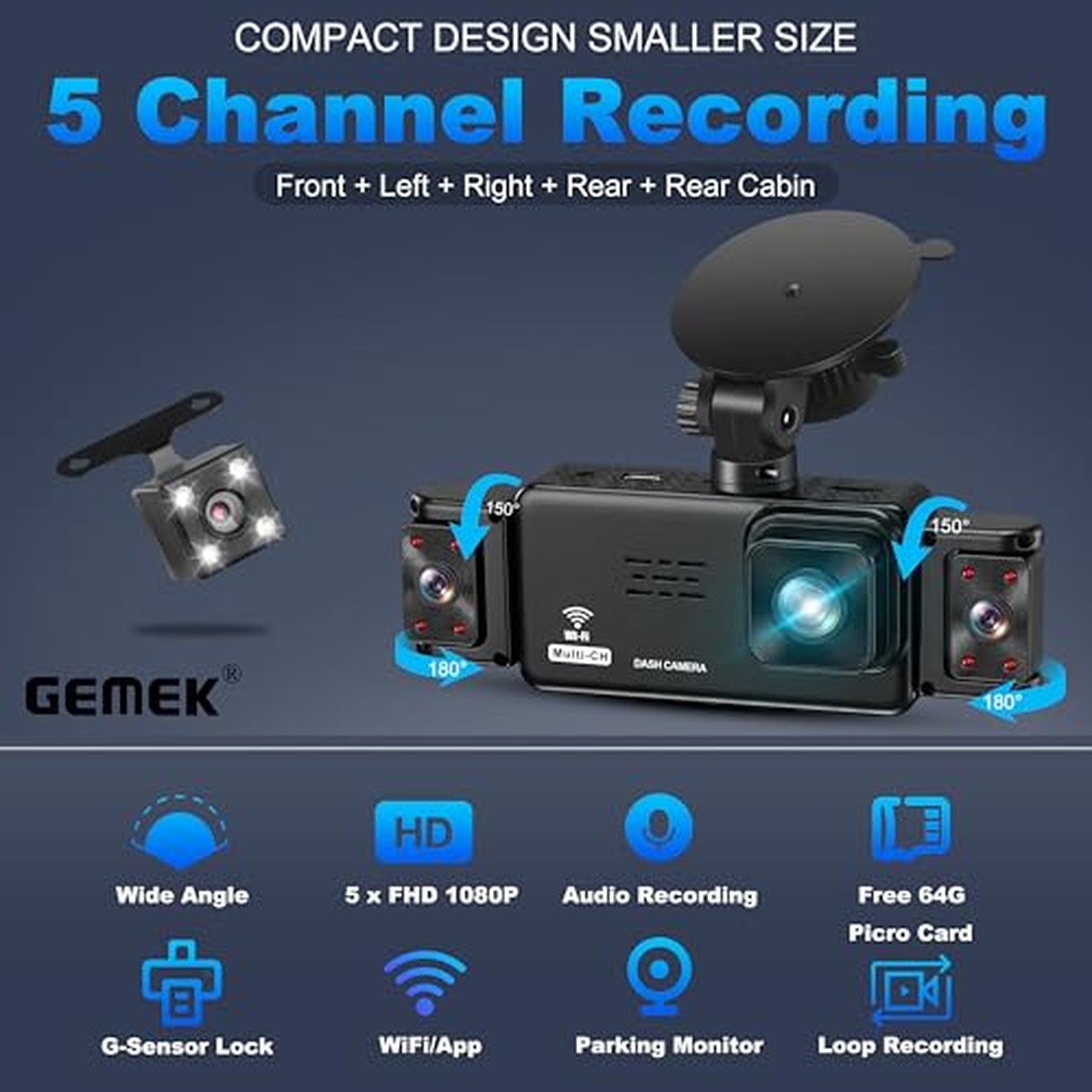 GEMEK 5-Channel Dash Cam, 360° View Front, Rear, Inside, Left and Right — image 4