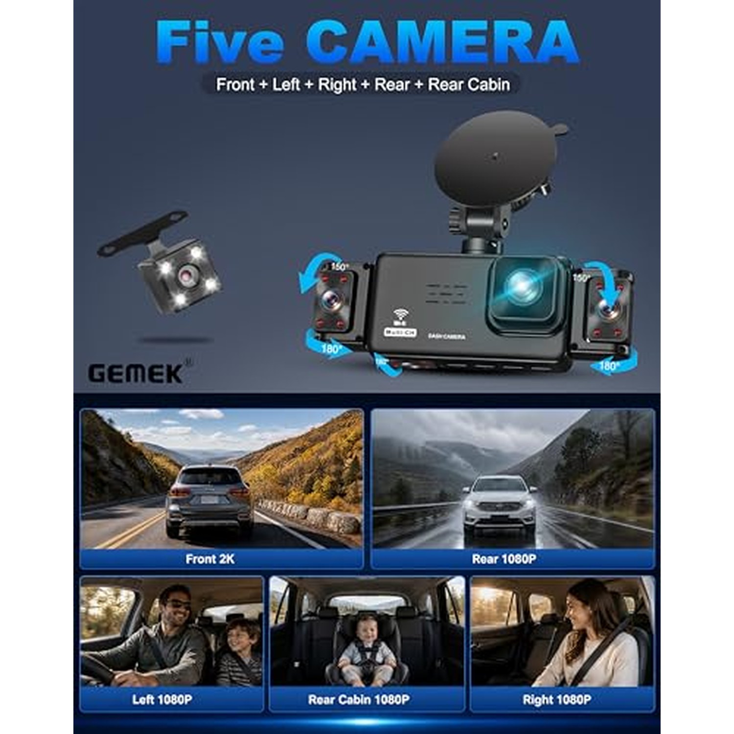 GEMEK 5-Channel Dash Cam, 360° View Front, Rear, Inside, Left and Right — image 5