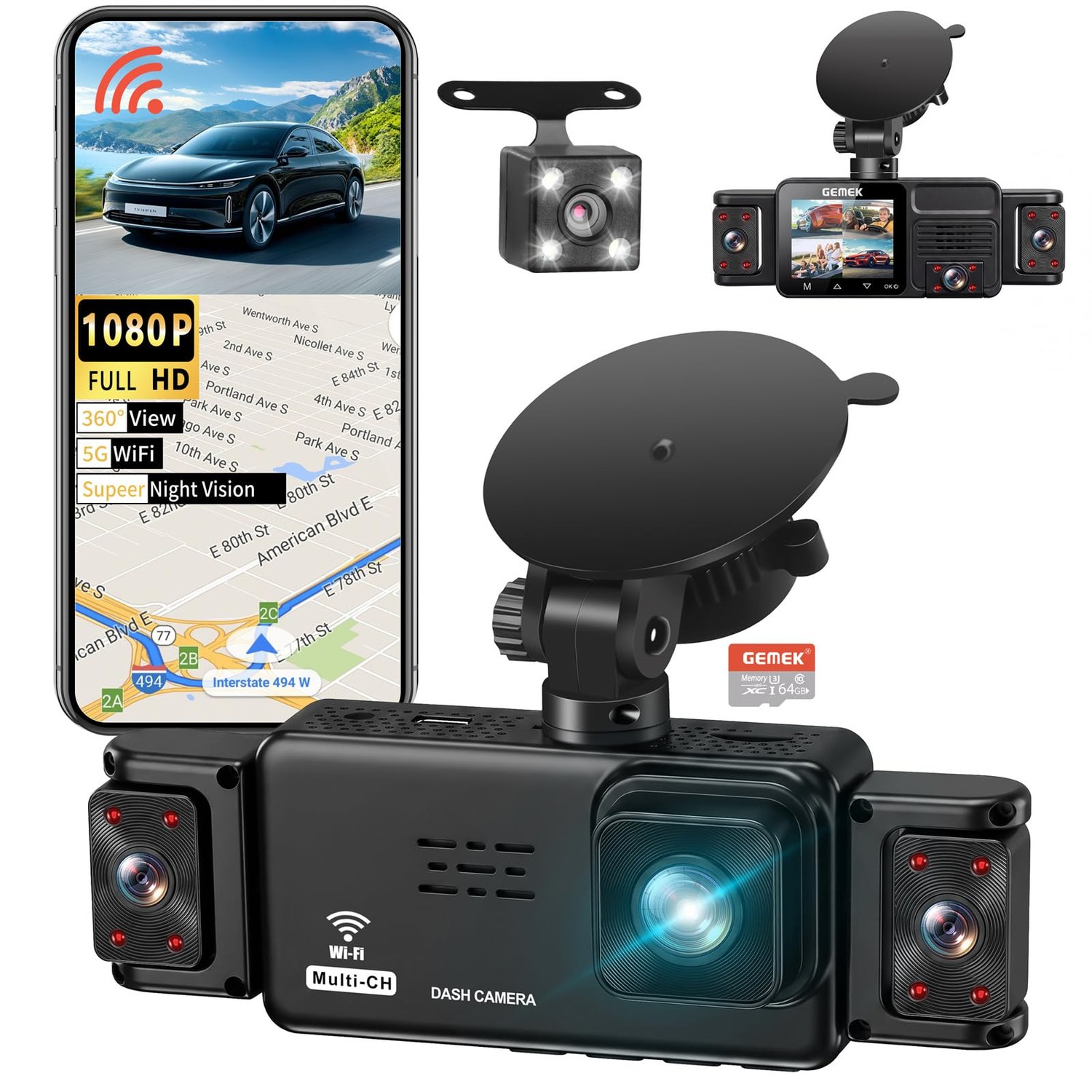 GEMEK 5-Channel Dash Cam, 360° View Front, Rear, Inside, Left and Right
