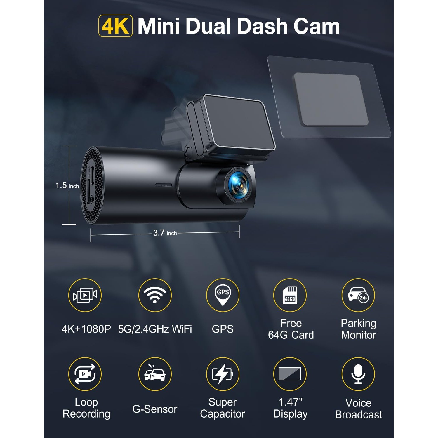 GKU 4K Dash Cam Front and Rear, 1.5" IPS Screen — image 4