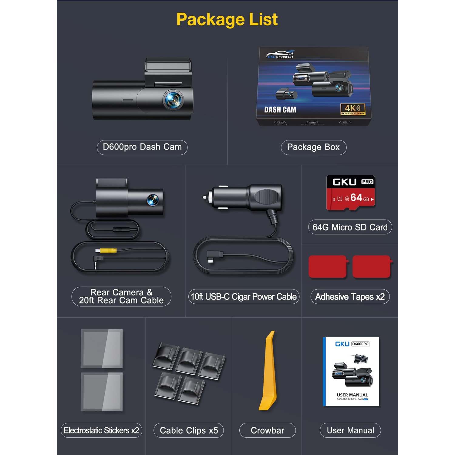 GKU 4K Dash Cam Front and Rear, 1.5" IPS Screen — image 8