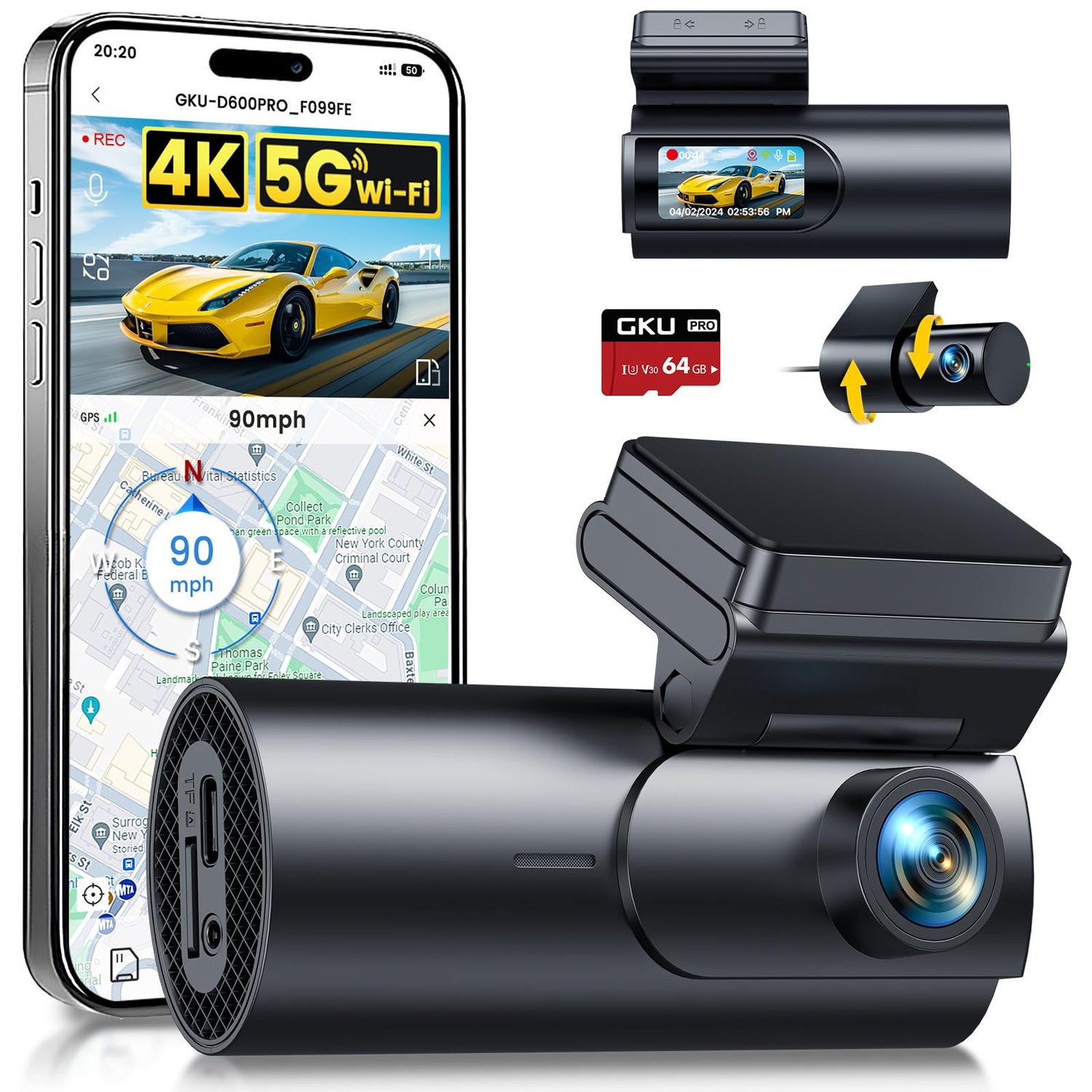 GKU 4K Dash Cam Front and Rear, 1.5" IPS Screen