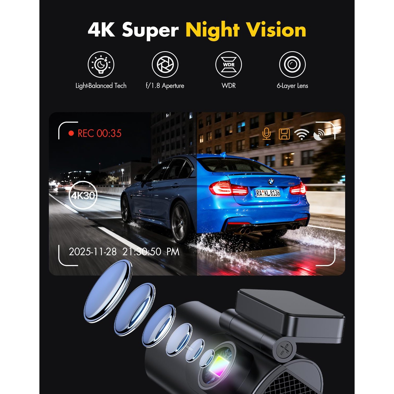 GKU 4K Dash Cam Front and Rear with 64GB Card — image 4