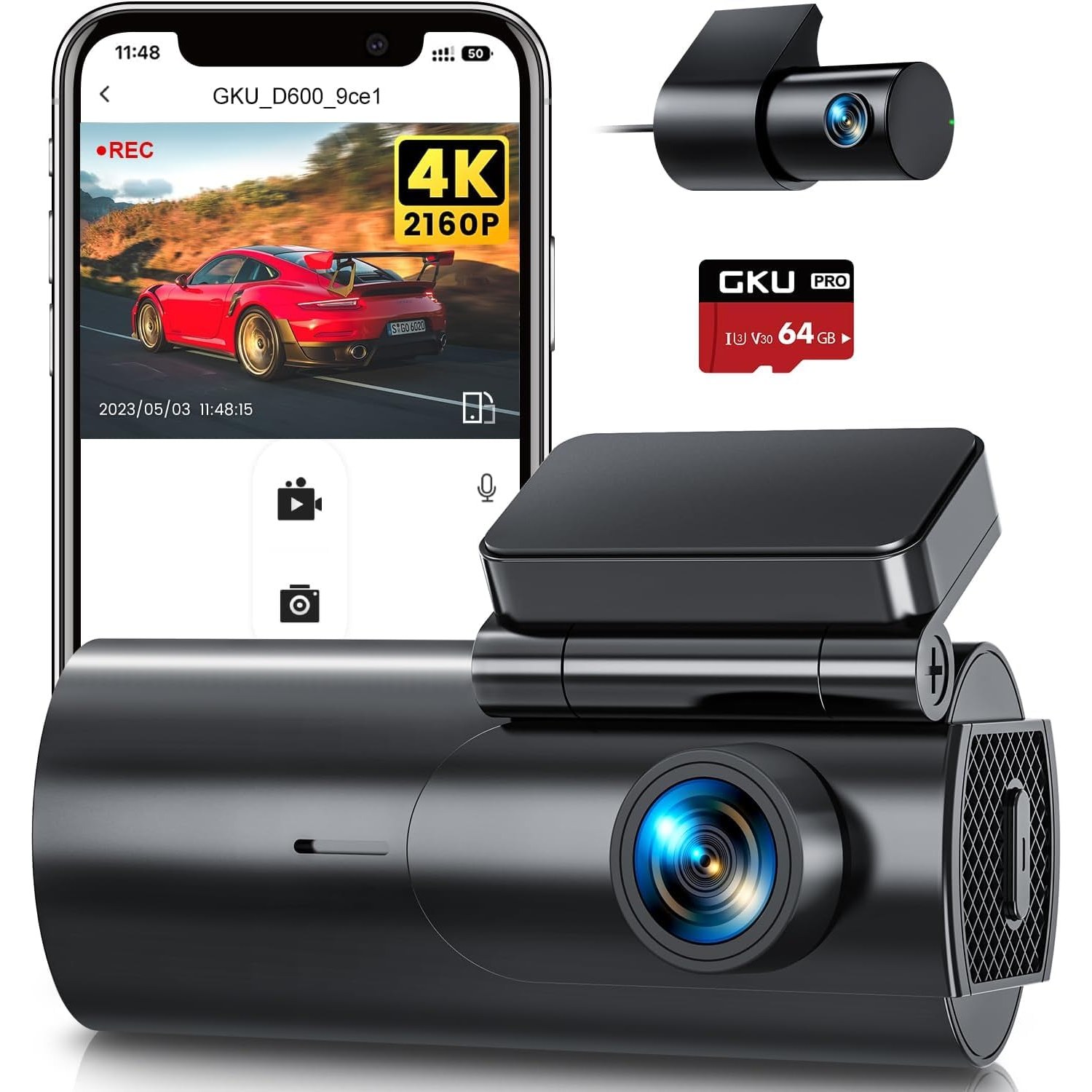 GKU 4K Dash Cam Front and Rear with 64GB Card