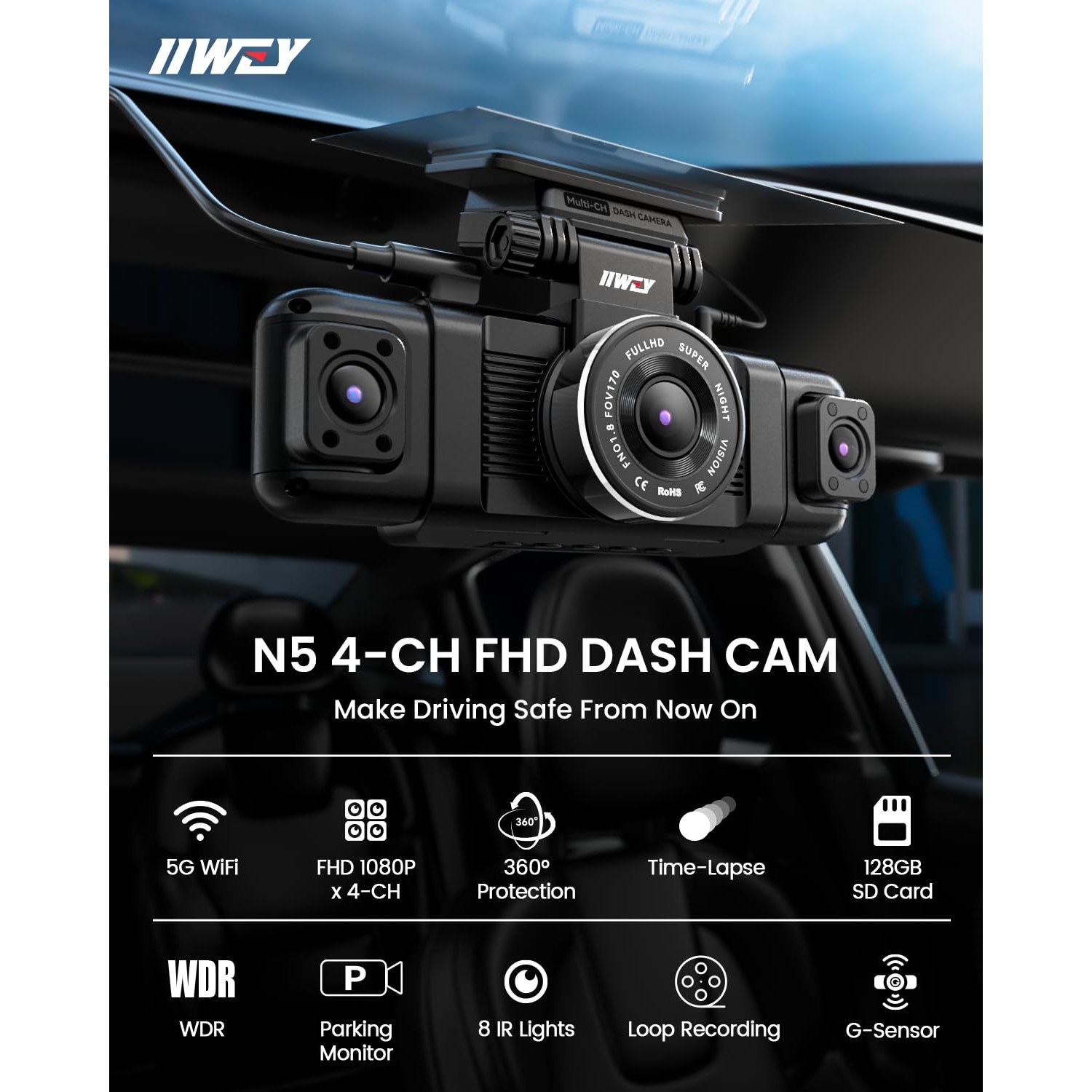 IIWEY N5 4-Channel Dash Cam, 360° View Front, Rear, Left and Right — image 2