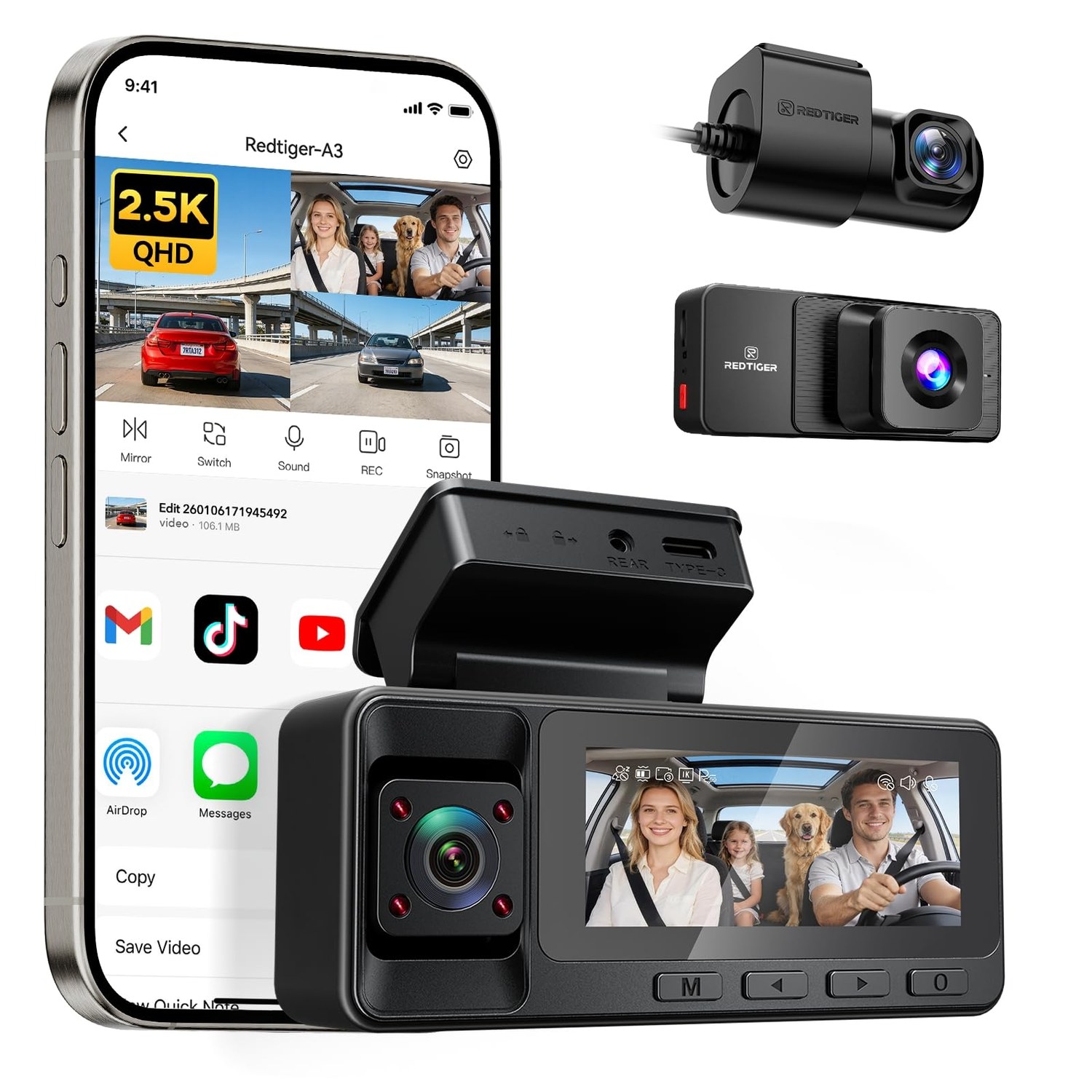 REDTIGER A3 2.5K 3-Channel Dash Cam Front, Rear and Inside