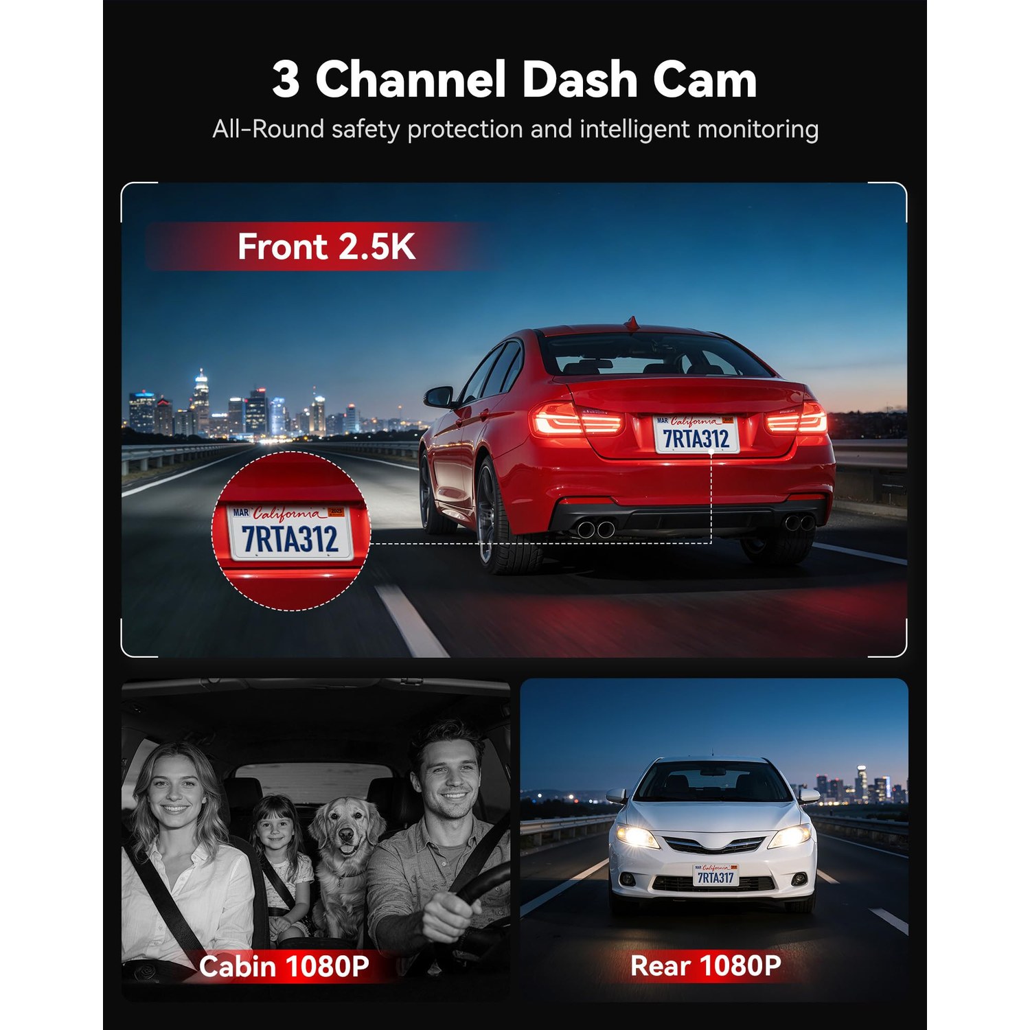 REDTIGER A3 2.5K 3-Channel Dash Cam Front, Rear and Inside — image 2