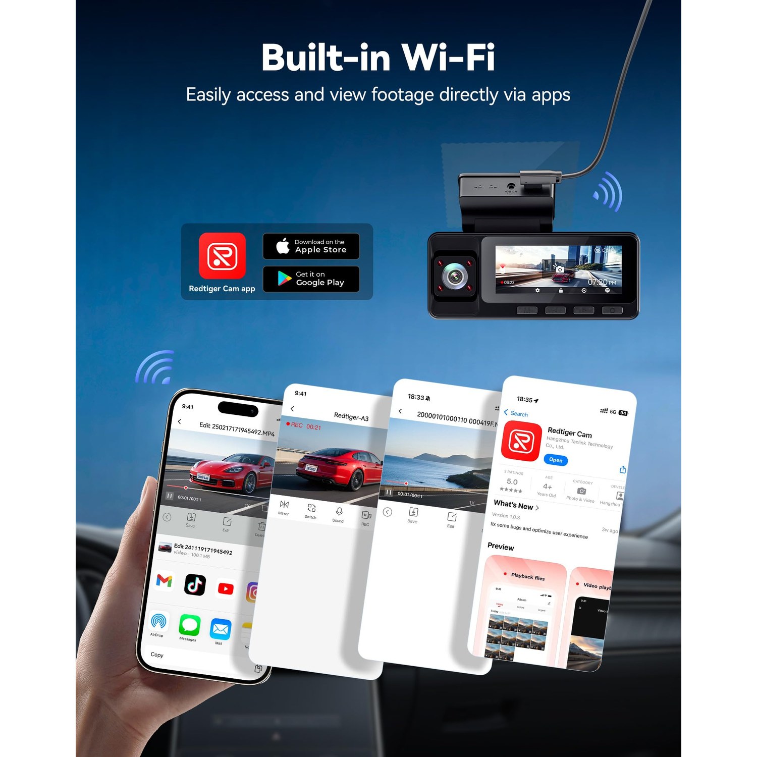 REDTIGER A3 2.5K 3-Channel Dash Cam Front, Rear and Inside — image 4