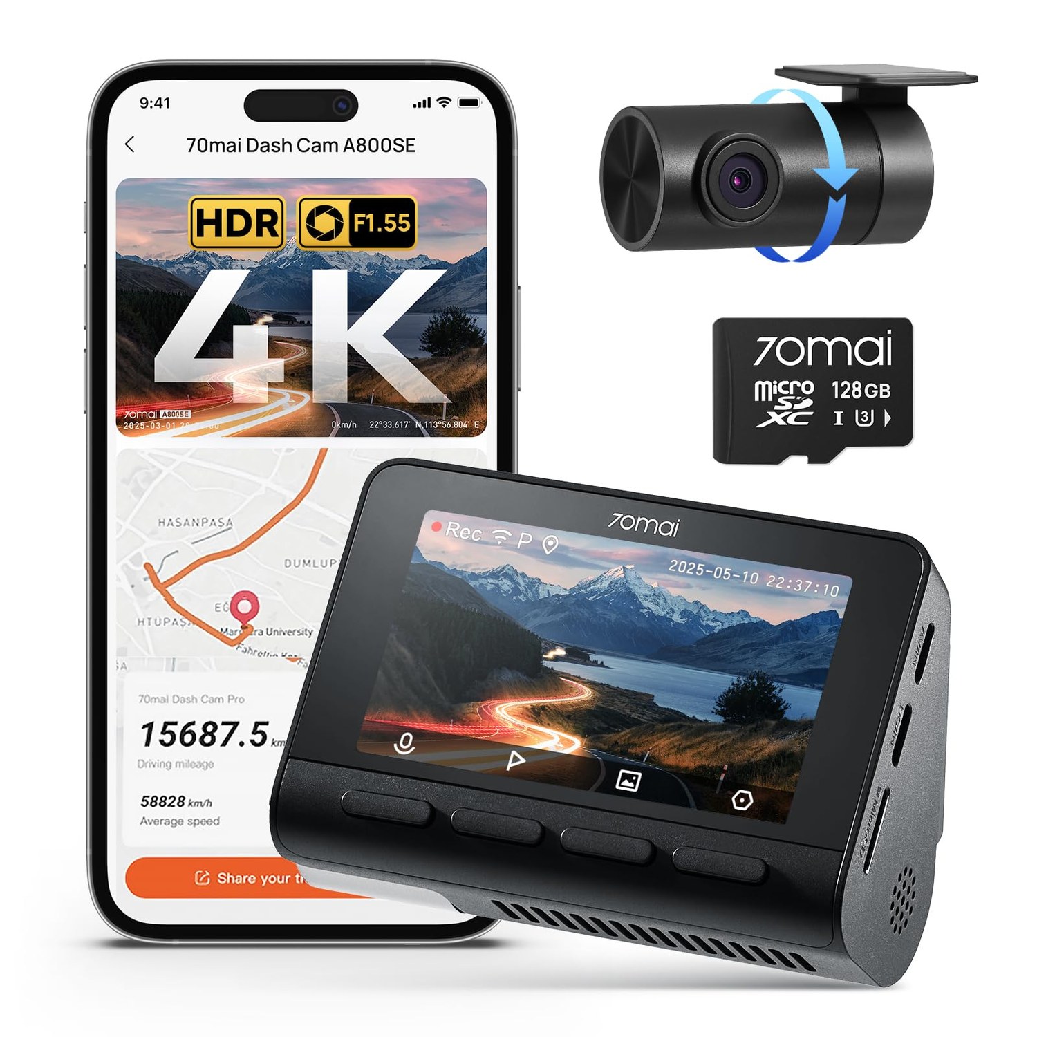 70mai A800SE Dash Cam Front and Rear 4K UHD+1080P