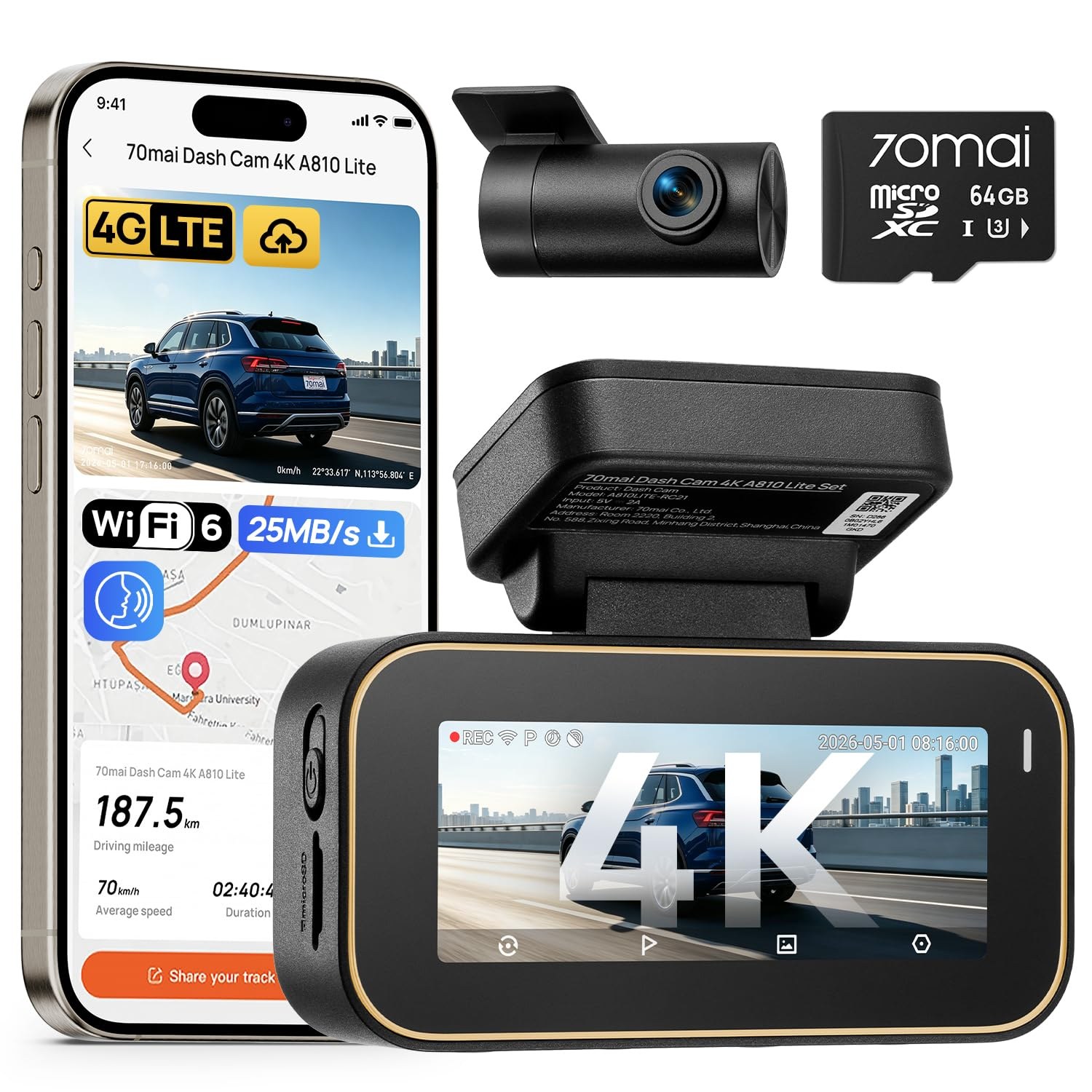 70mai A810 Lite 4K Dash Cam Front and Rear