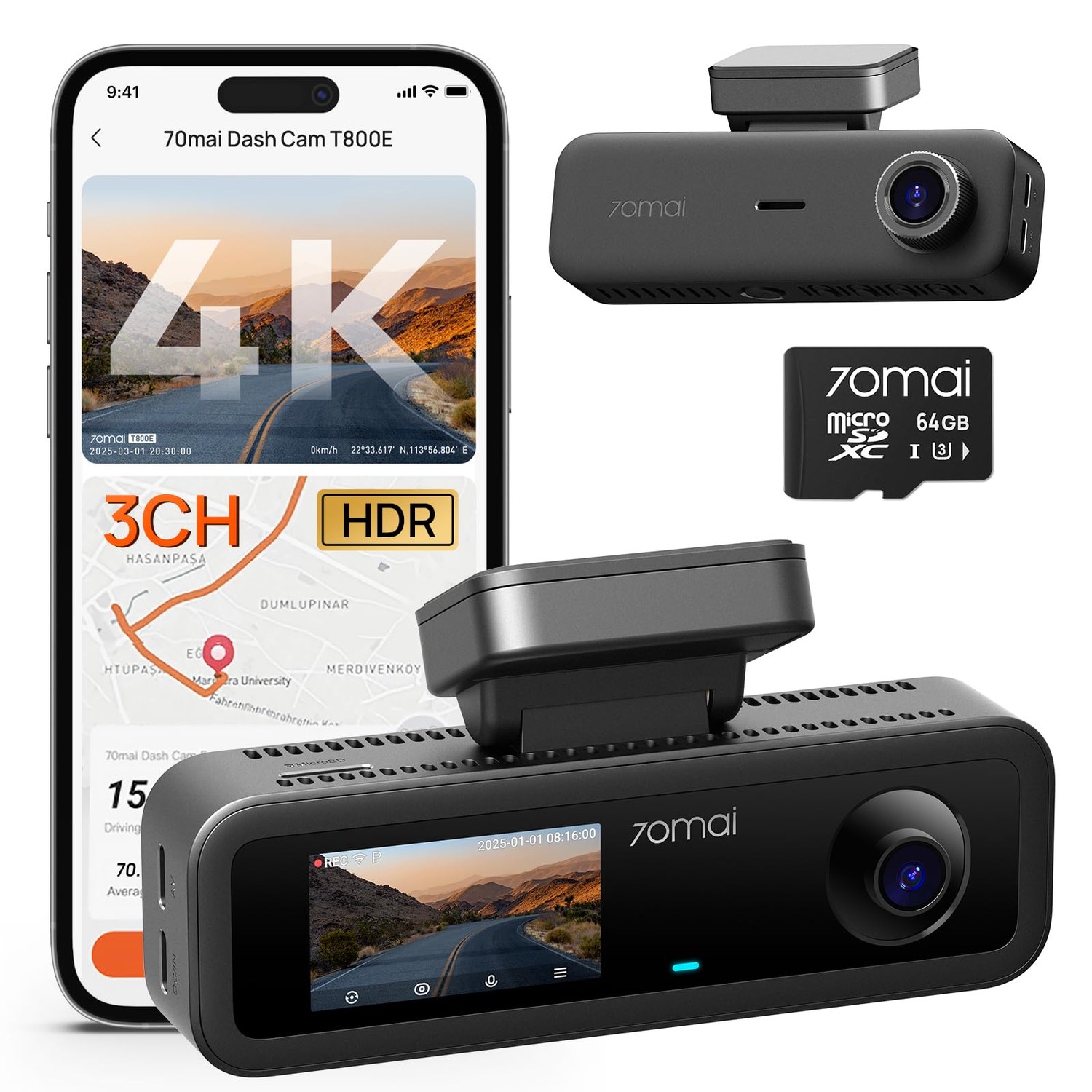 70mai T800E 4K 3-Channel Dash Cam Front, Rear and Inside
