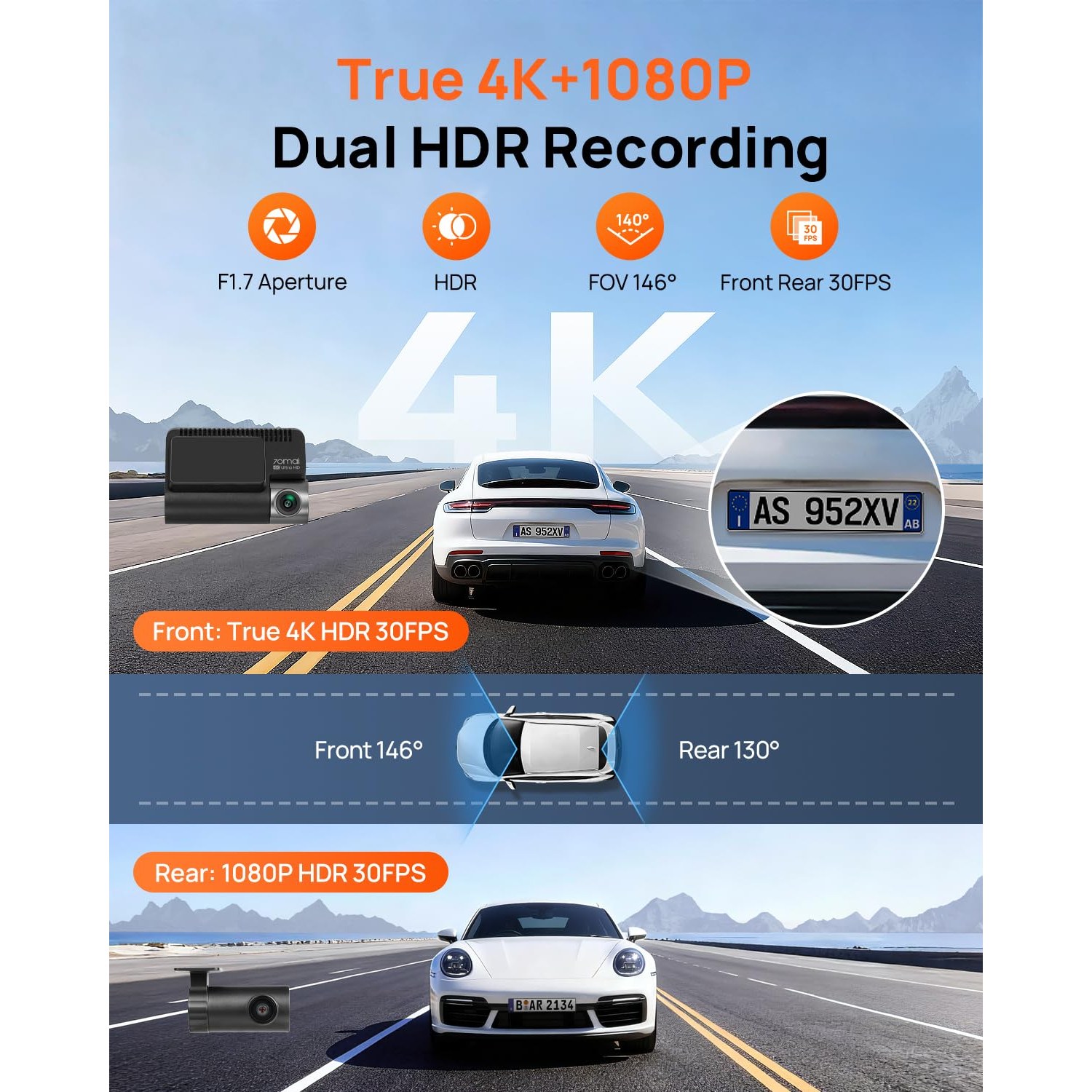 70mai T800E 4K 3-Channel Dash Cam Front, Rear and Inside — image 3