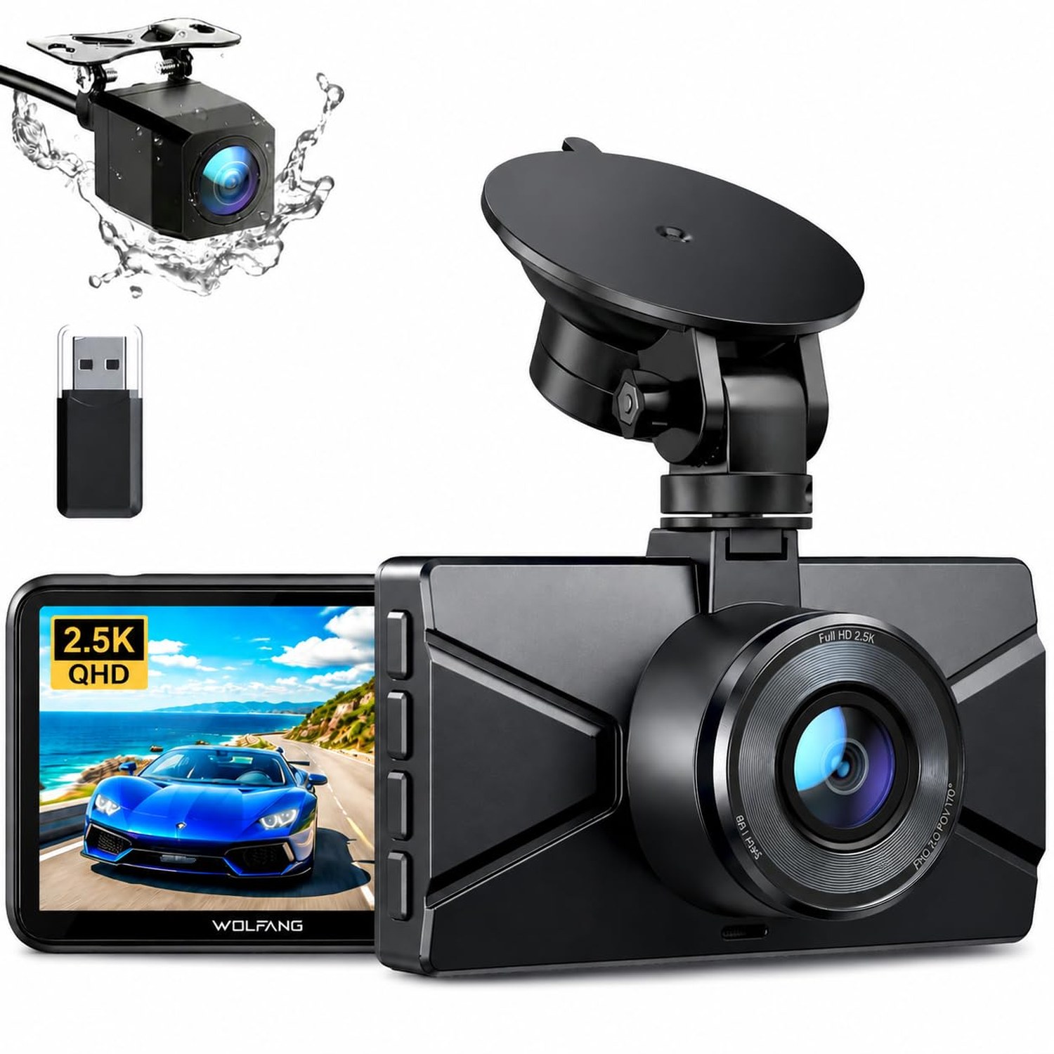 WOLFANG 2.5K Dash Cam Front and Rear, 1440P