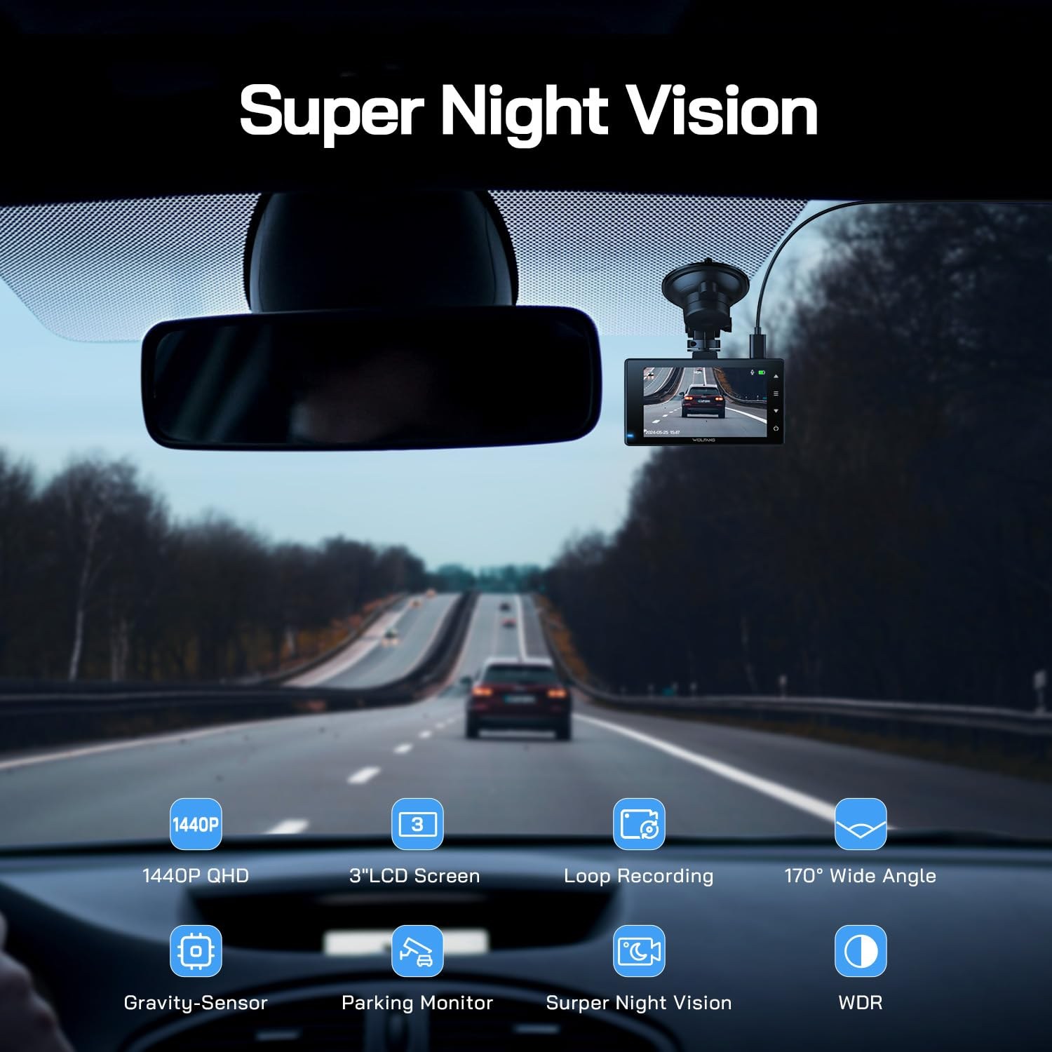 WOLFANG 2.5K Dash Cam Front and Rear, 1440P — image 2